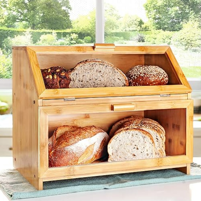 กล่องขนมปังไม้ไผ่สำหรับเคาน์เตอร์ครัว - การจัดเก็บขนมปังสองชั้นพร้อมหน้าต่างใส - บ้านไร่สไตล์บ้านไร่ชนบทถังขยะ
